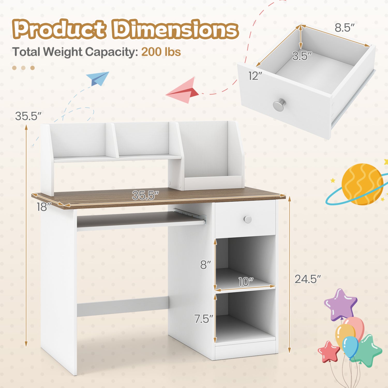 Kids Study Desk with Drawer, Shelves & Keyboard Tray, Natural White Kids Table & Chair Sets at Gallery Canada