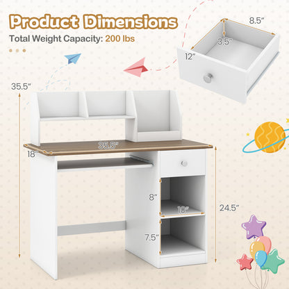 Kids Study Desk with Drawer, Shelves & Keyboard Tray, Natural White Kids Table & Chair Sets at Gallery Canada