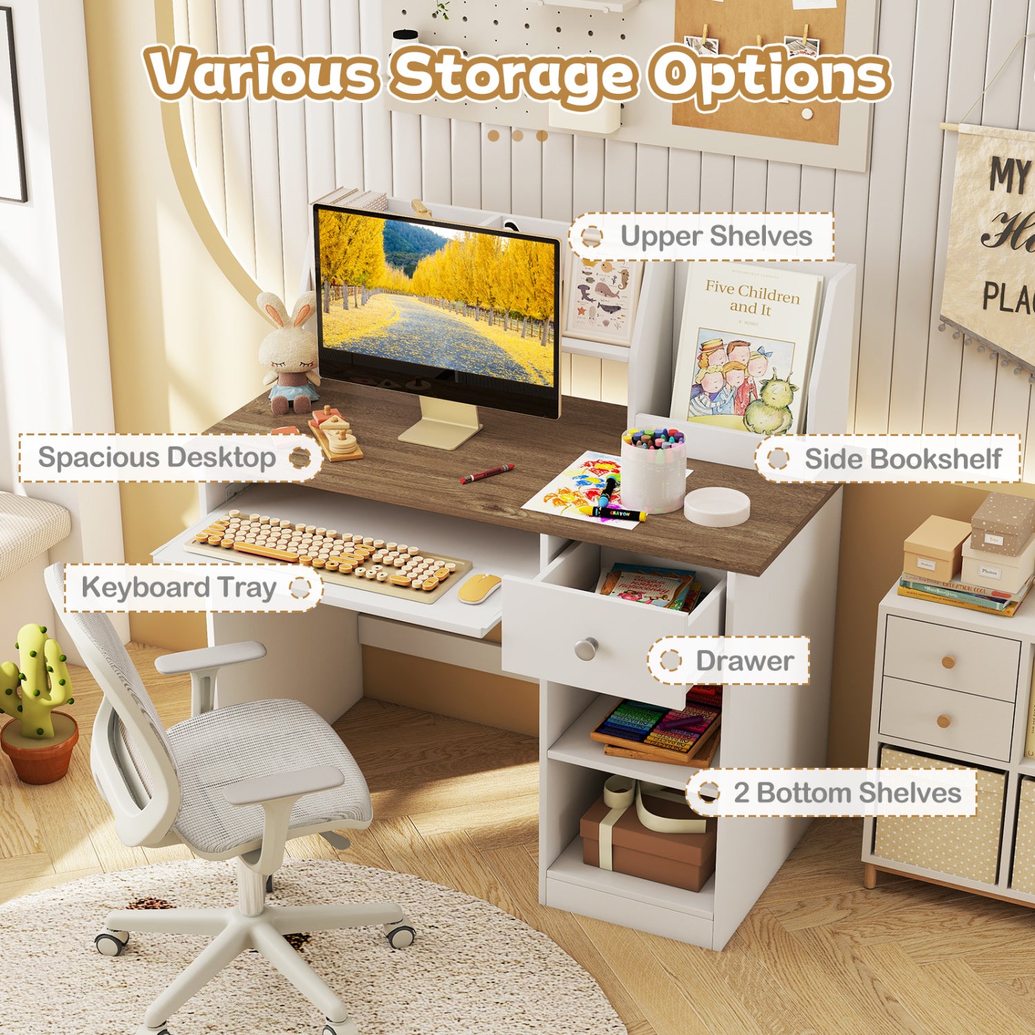 Kids Study Desk with Drawer, Shelves & Keyboard Tray, Natural White Kids Table & Chair Sets at Gallery Canada