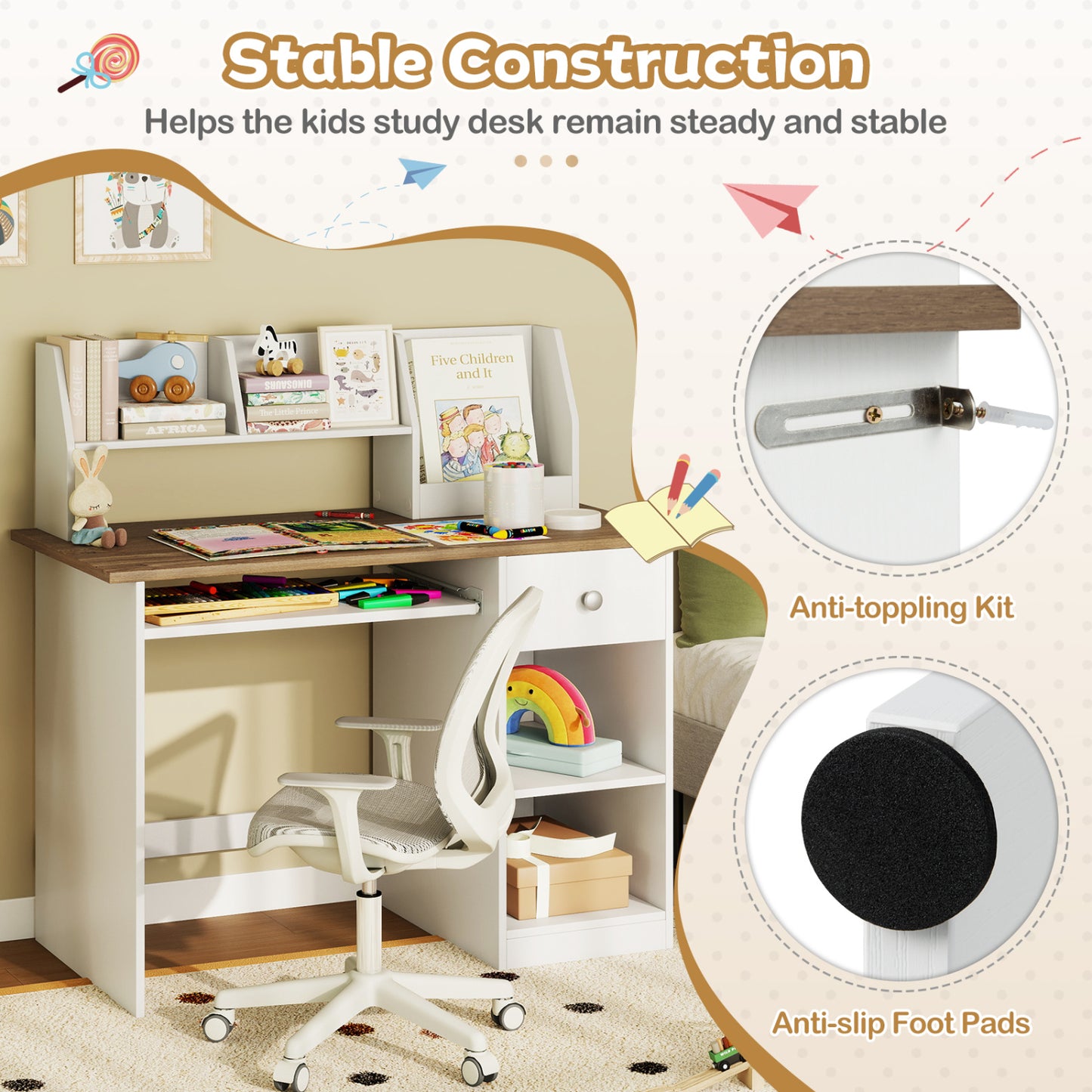 Kids Study Desk with Drawer, Shelves & Keyboard Tray, Natural White Kids Table & Chair Sets at Gallery Canada