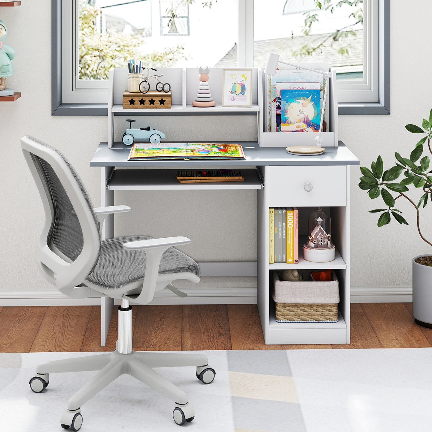 Kids Study Desk Children Writing Table with Hutch Drawer Shelves and Keyboard Tray, Light Gray