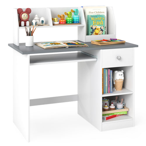 Kids Study Desk Children Writing Table with Hutch Drawer Shelves and Keyboard Tray, Light Gray