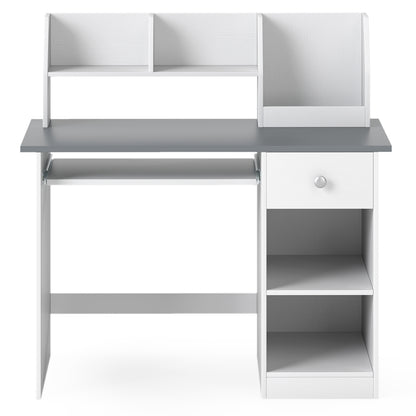 Kids Study Desk Children Writing Table with Hutch Drawer Shelves and Keyboard Tray, Light Gray