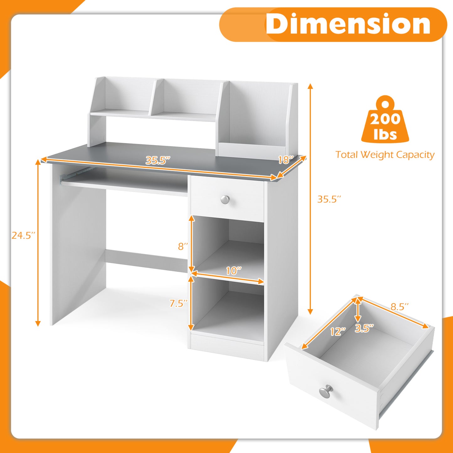 Kids Study Desk Children Writing Table with Hutch Drawer Shelves and Keyboard Tray, Light Gray