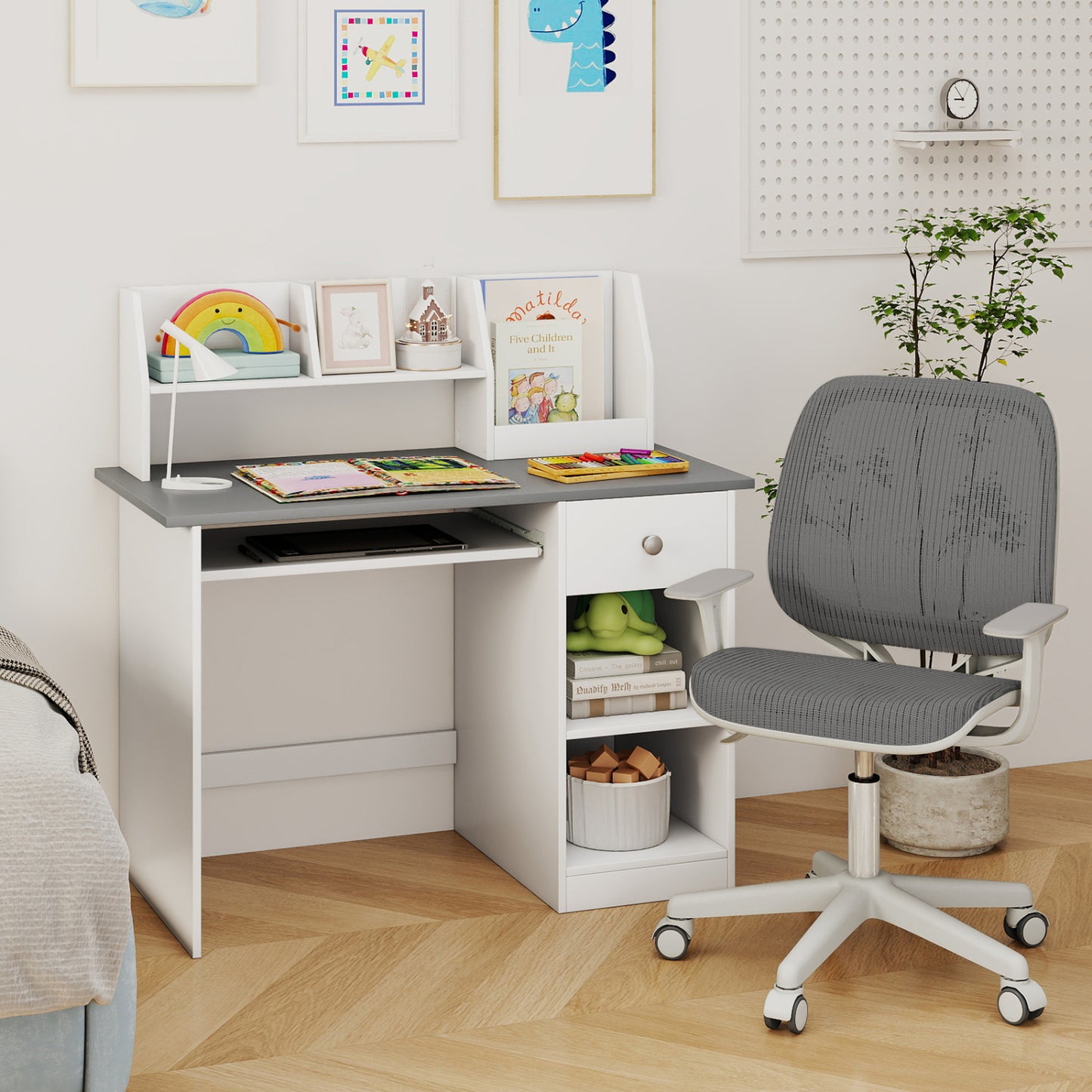 Kids Study Desk Children Writing Table with Hutch Drawer Shelves and Keyboard Tray, Light Gray