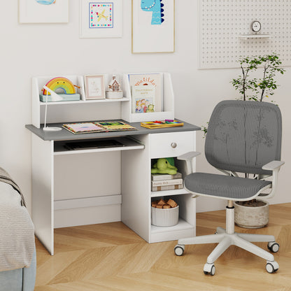 Kids Study Desk Children Writing Table with Hutch Drawer Shelves and Keyboard Tray, Light Gray