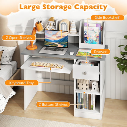 Kids Study Desk Children Writing Table with Hutch Drawer Shelves and Keyboard Tray, Light Gray