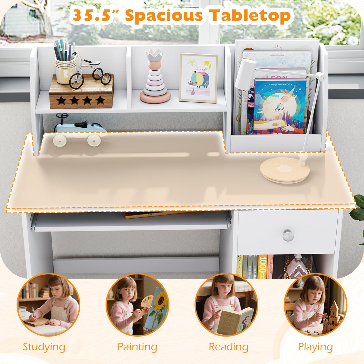 Kids Study Desk Children Writing Table with Hutch Drawer Shelves and Keyboard Tray, Light Gray