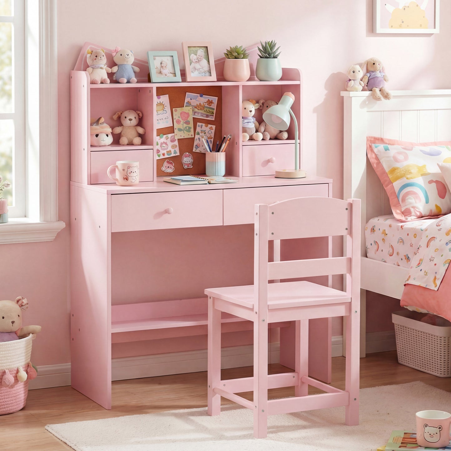 Kids Study Desk And Chair Set, With Open Shelves And Cork Board, Pink Kids Table & Chair Sets at Gallery Canada