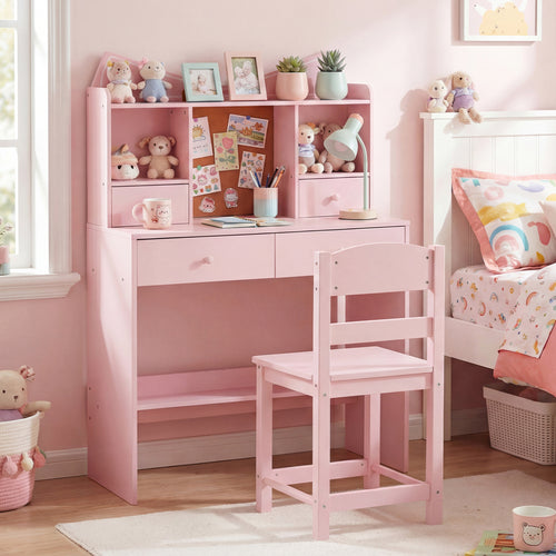 Kids Study Desk And Chair Set, With Open Shelves And Cork Board, Pink