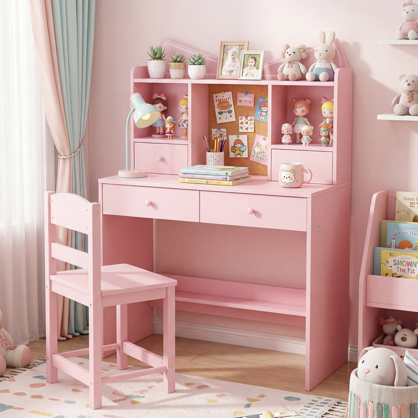 Kids Study Desk And Chair Set, With Open Shelves And Cork Board, Pink Kids Table & Chair Sets at Gallery Canada