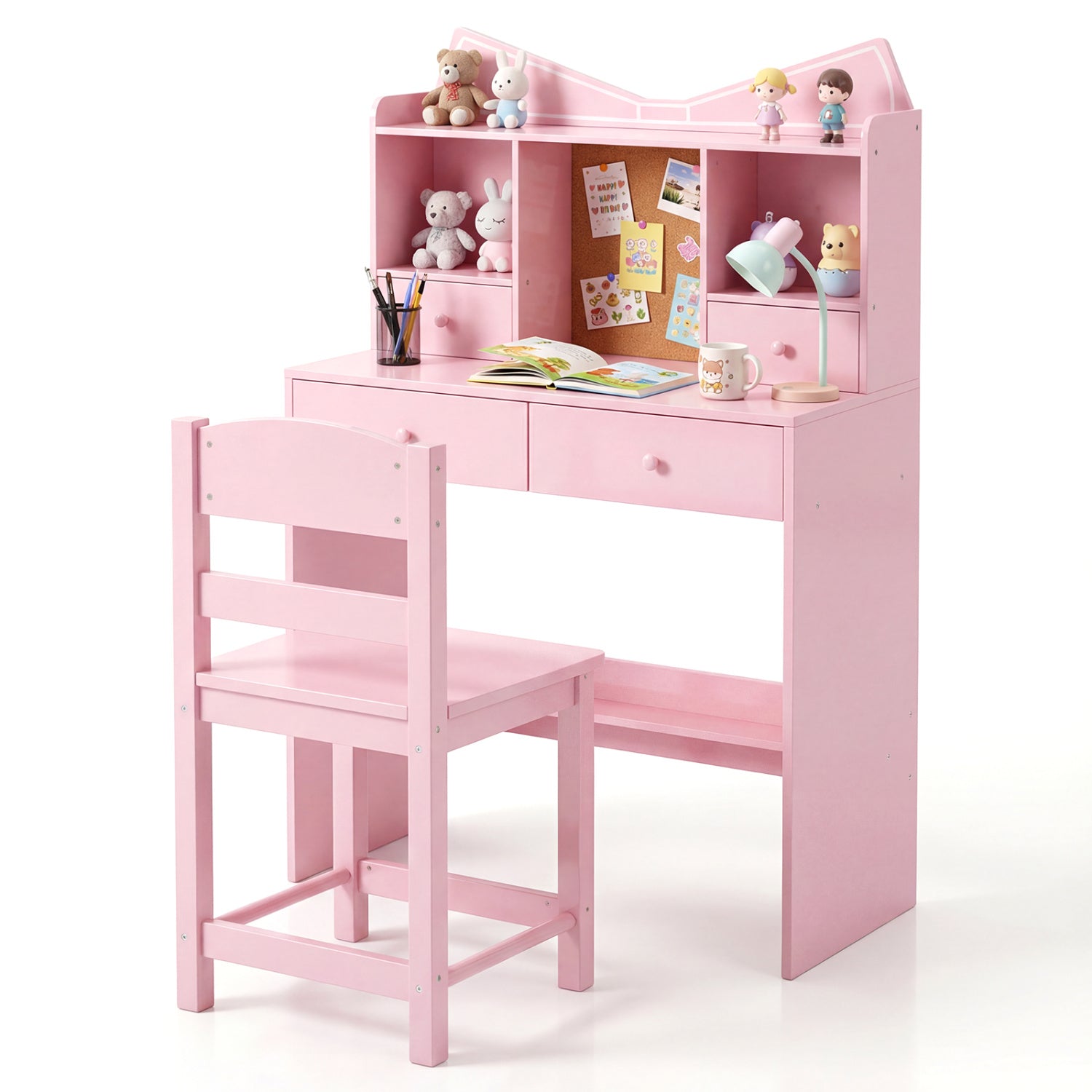 Kids Study Desk And Chair Set, With Open Shelves And Cork Board, Pink Kids Table & Chair Sets at Gallery Canada