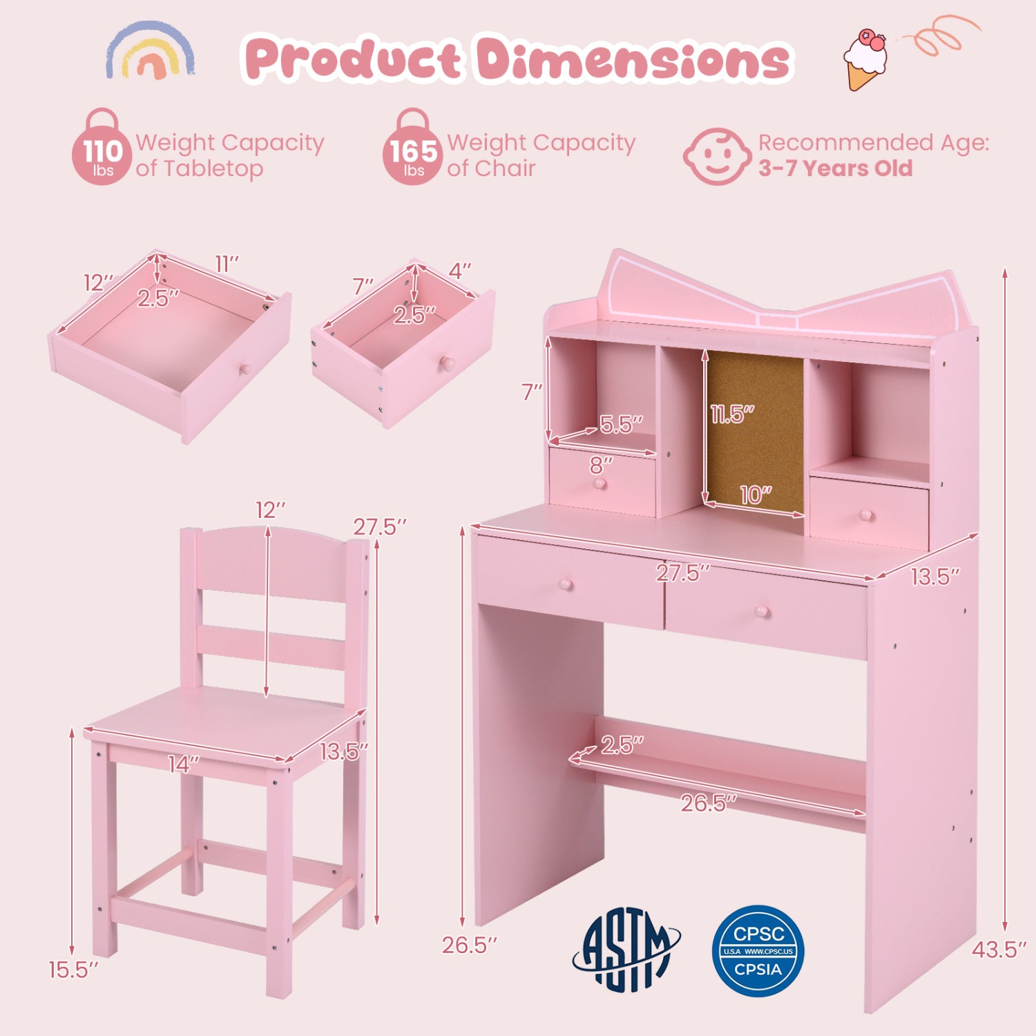 Kids Study Desk And Chair Set, With Open Shelves And Cork Board, Pink Kids Table & Chair Sets at Gallery Canada