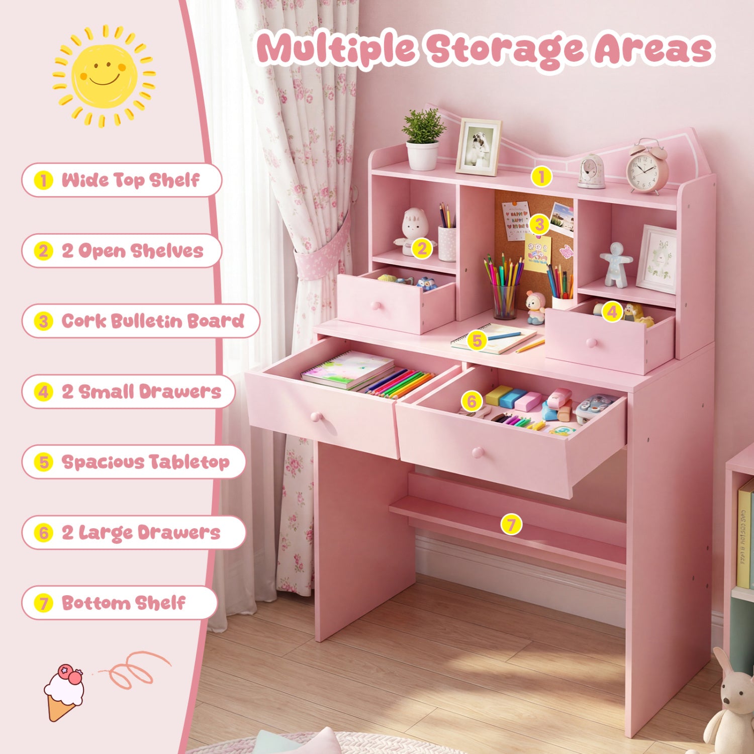 Kids Study Desk And Chair Set, With Open Shelves And Cork Board, Pink Kids Table & Chair Sets at Gallery Canada