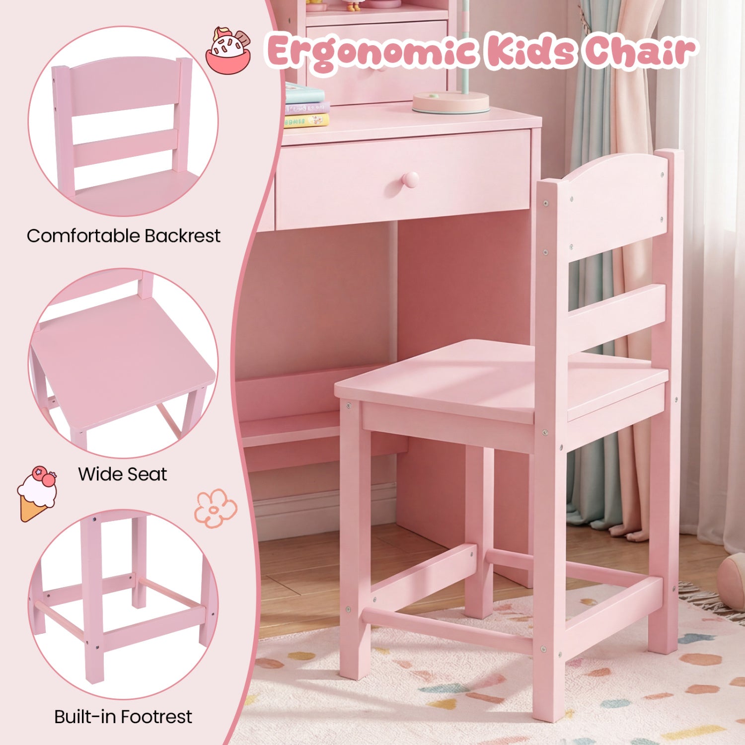 Kids Study Desk And Chair Set, With Open Shelves And Cork Board, Pink Kids Table & Chair Sets at Gallery Canada