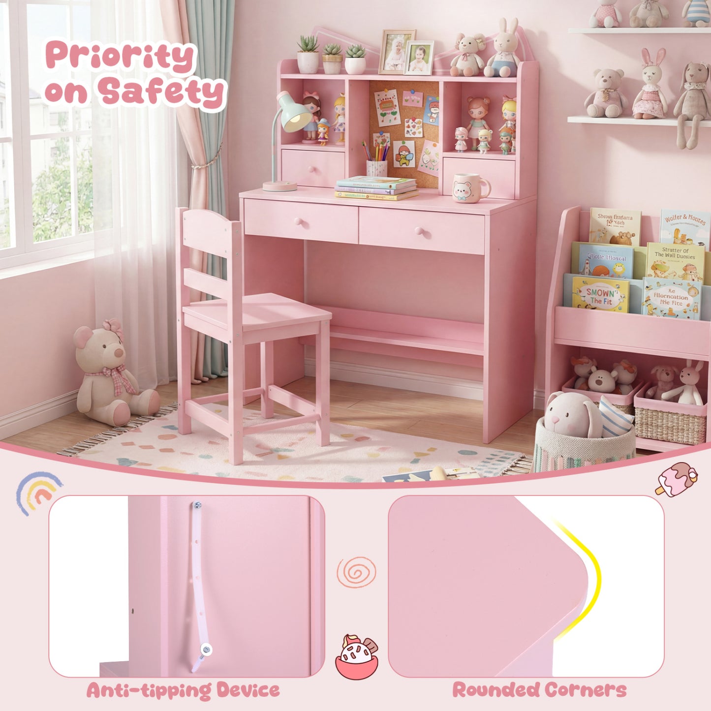Kids Study Desk And Chair Set, With Open Shelves And Cork Board, Pink Kids Table & Chair Sets at Gallery Canada