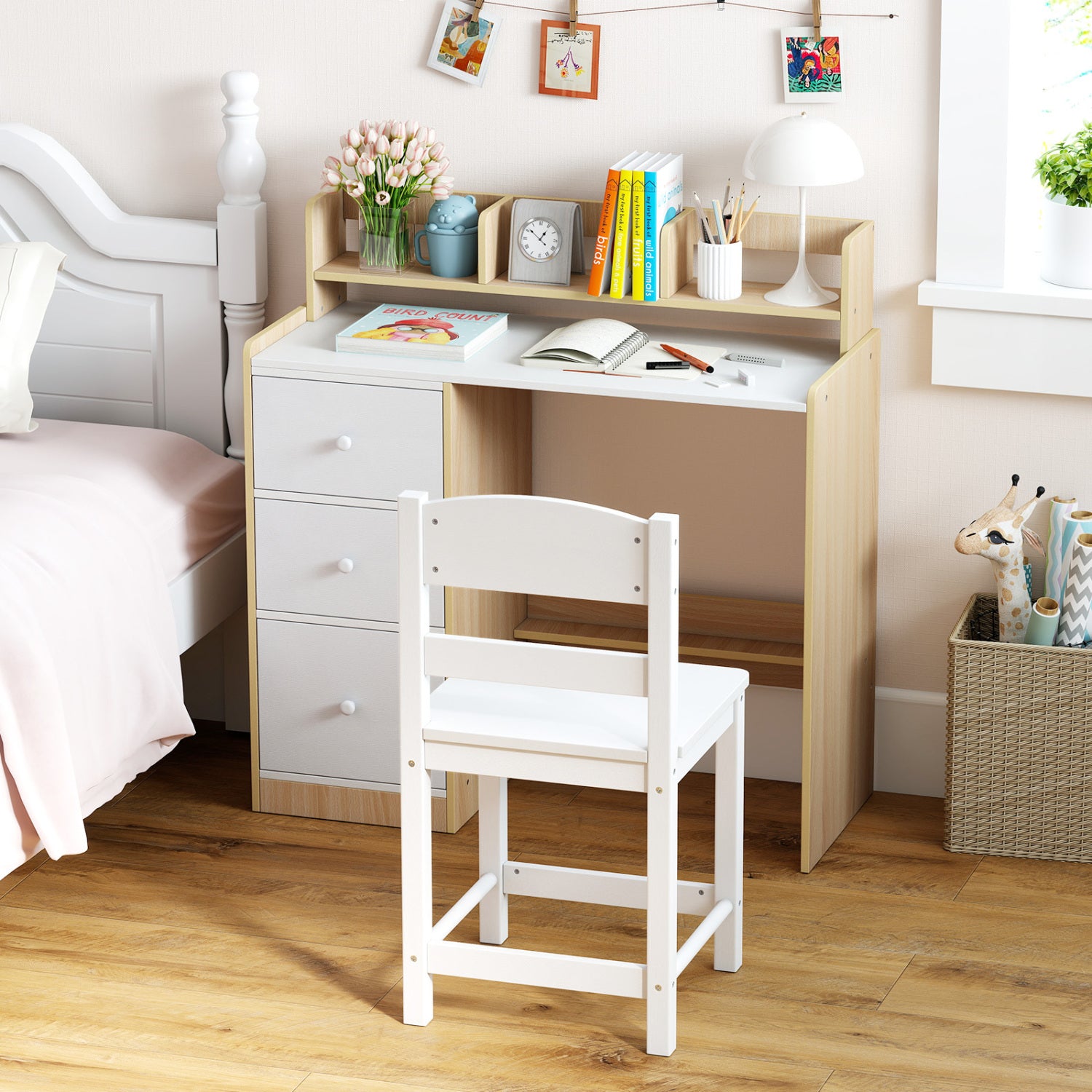 Kids Study Desk And Chair Set, Wooden, With Hutch And Storage Shelf, Natural Kids Table & Chair Sets at Gallery Canada