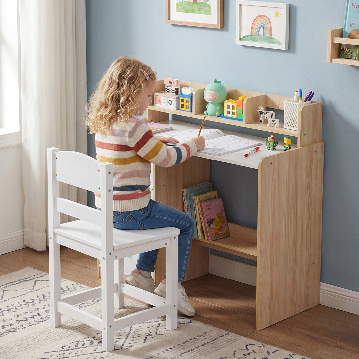 Kids Study Desk And Chair Set, Wooden, With Hutch And Storage Shelf, Natural Kids Table & Chair Sets at Gallery Canada