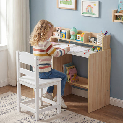 Kids Study Desk And Chair Set, Wooden, With Hutch And Storage Shelf, Natural Kids Table & Chair Sets at Gallery Canada