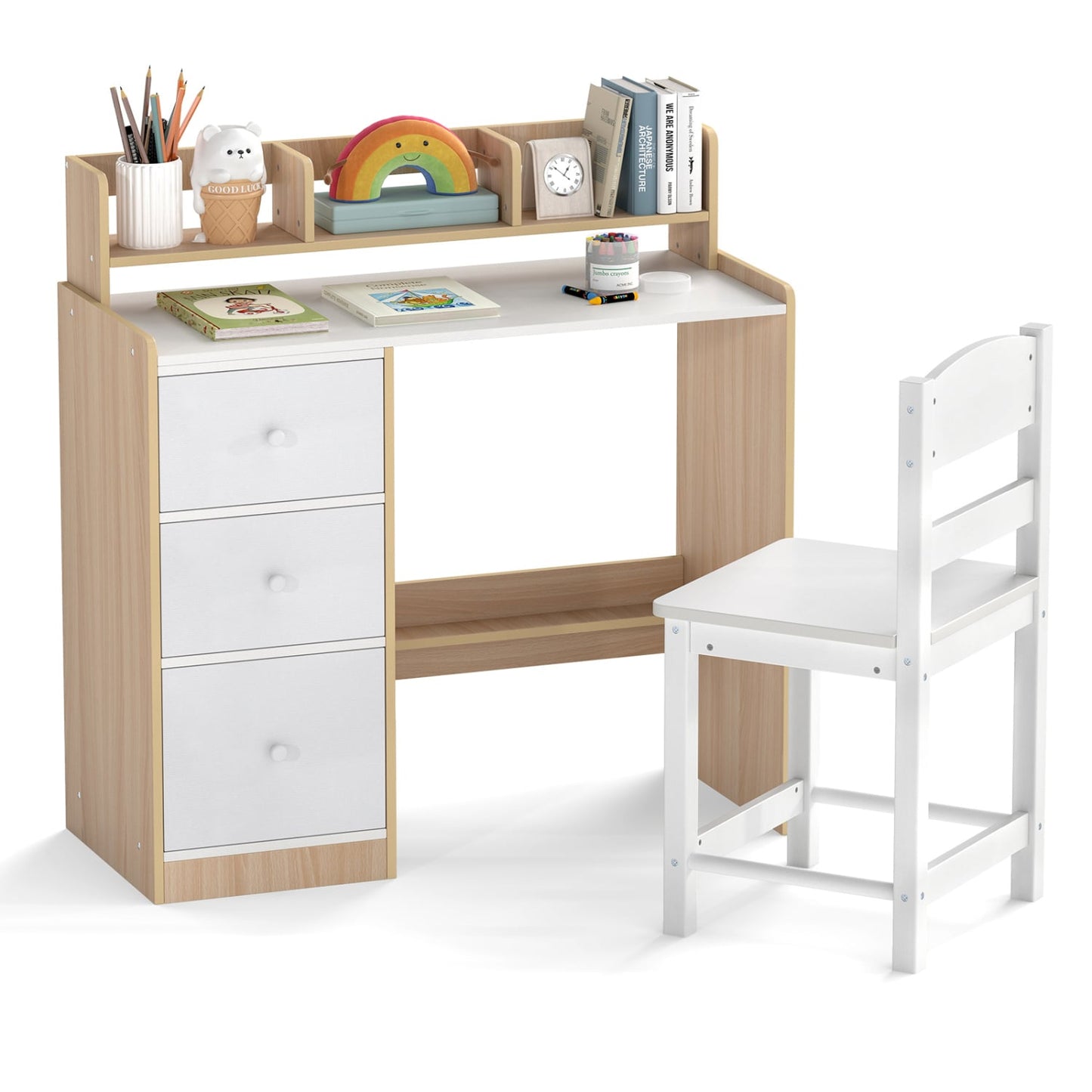 Kids Study Desk And Chair Set, Wooden, With Hutch And Storage Shelf, Natural Kids Table & Chair Sets at Gallery Canada