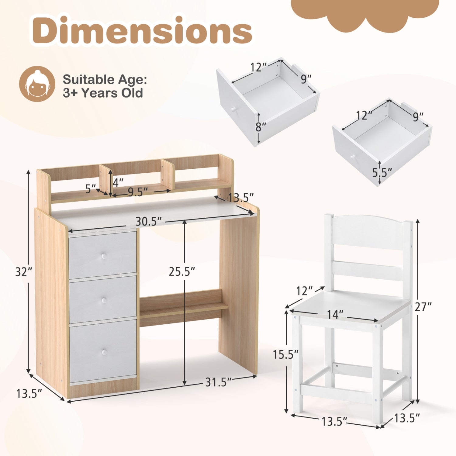 Kids Study Desk And Chair Set, Wooden, With Hutch And Storage Shelf, Natural Kids Table & Chair Sets at Gallery Canada