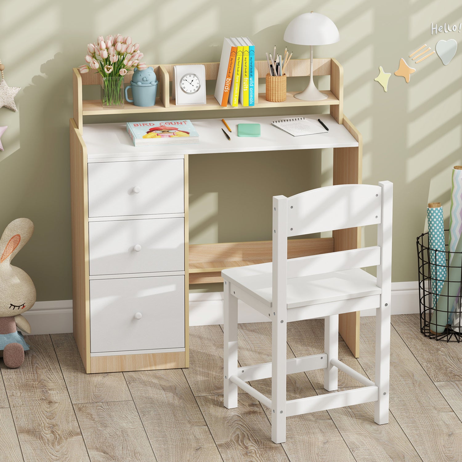 Kids Study Desk And Chair Set, Wooden, With Hutch And Storage Shelf, Natural Kids Table & Chair Sets at Gallery Canada
