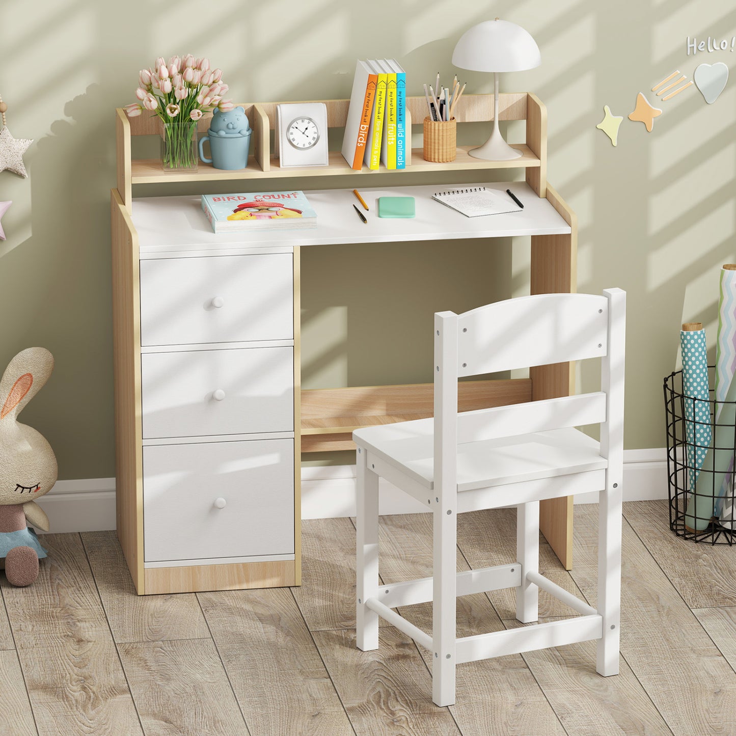 Kids Study Desk And Chair Set, Wooden, With Hutch And Storage Shelf, Natural Kids Table & Chair Sets at Gallery Canada