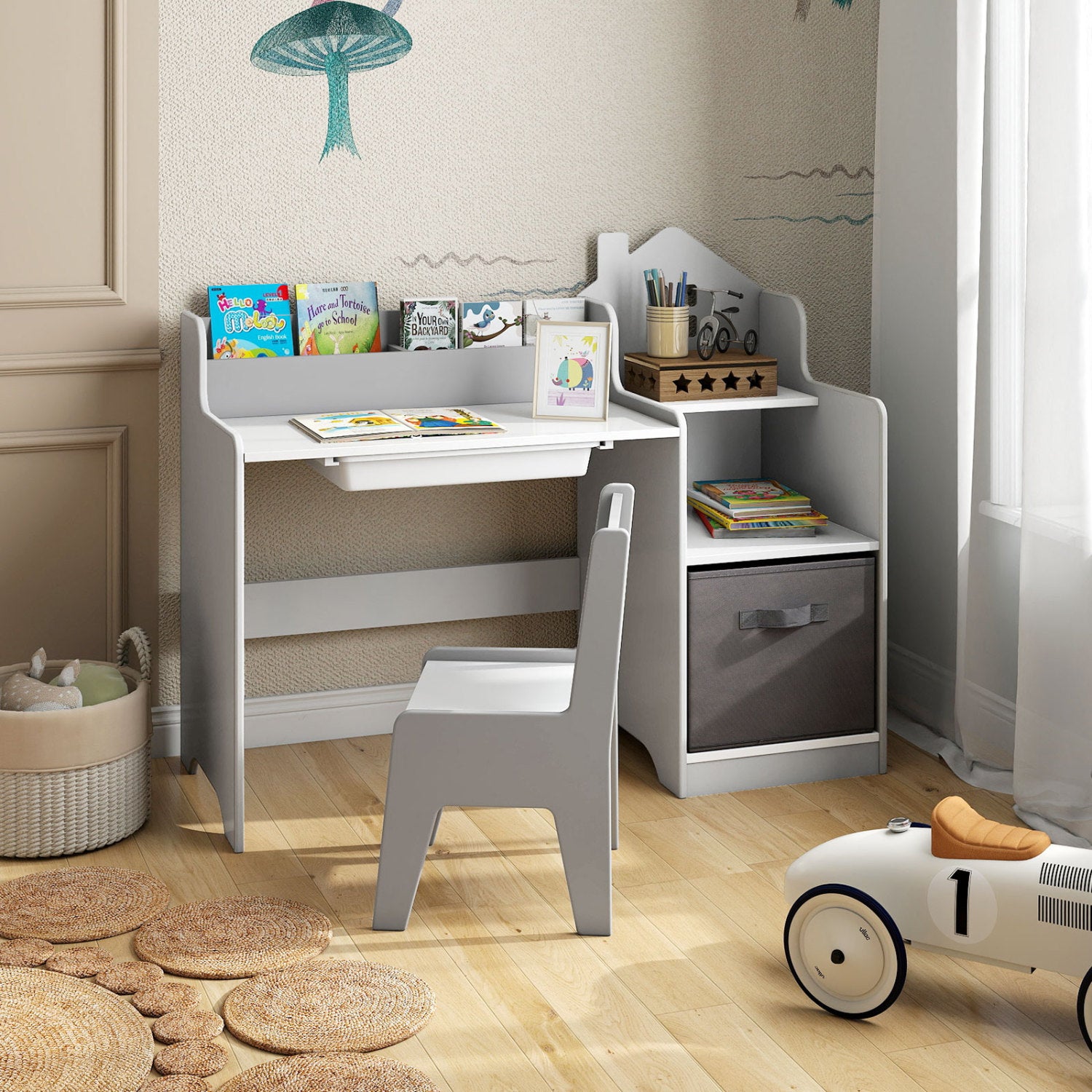 Kids Study Desk Chair Set With Open Shelves, Gray Kids Table & Chair Sets at Gallery Canada