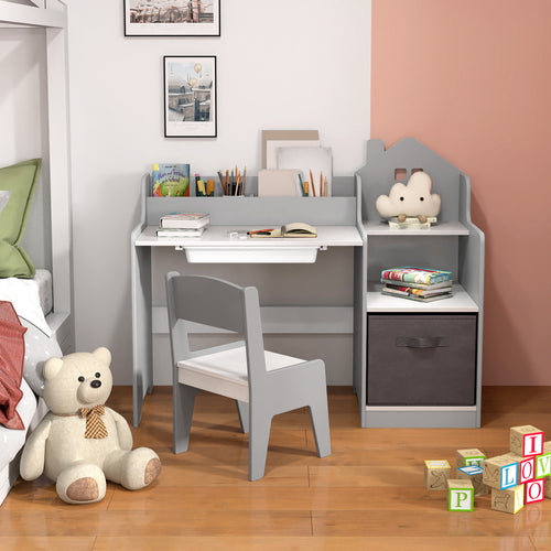 Kids Study Desk Chair Set With Open Shelves, Gray