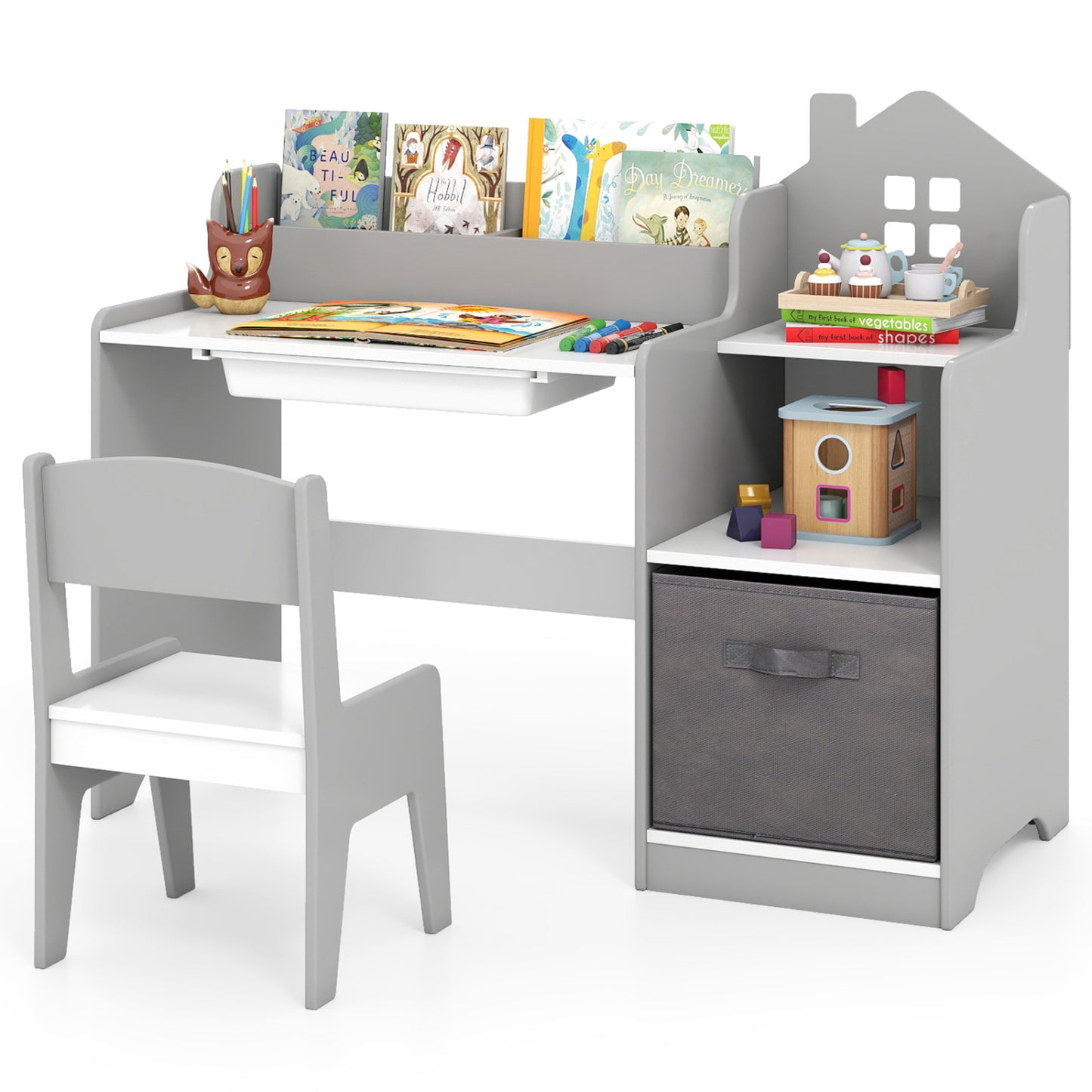 Kids Study Desk Chair Set With Open Shelves, Gray Kids Table & Chair Sets Gray at Gallery Canada