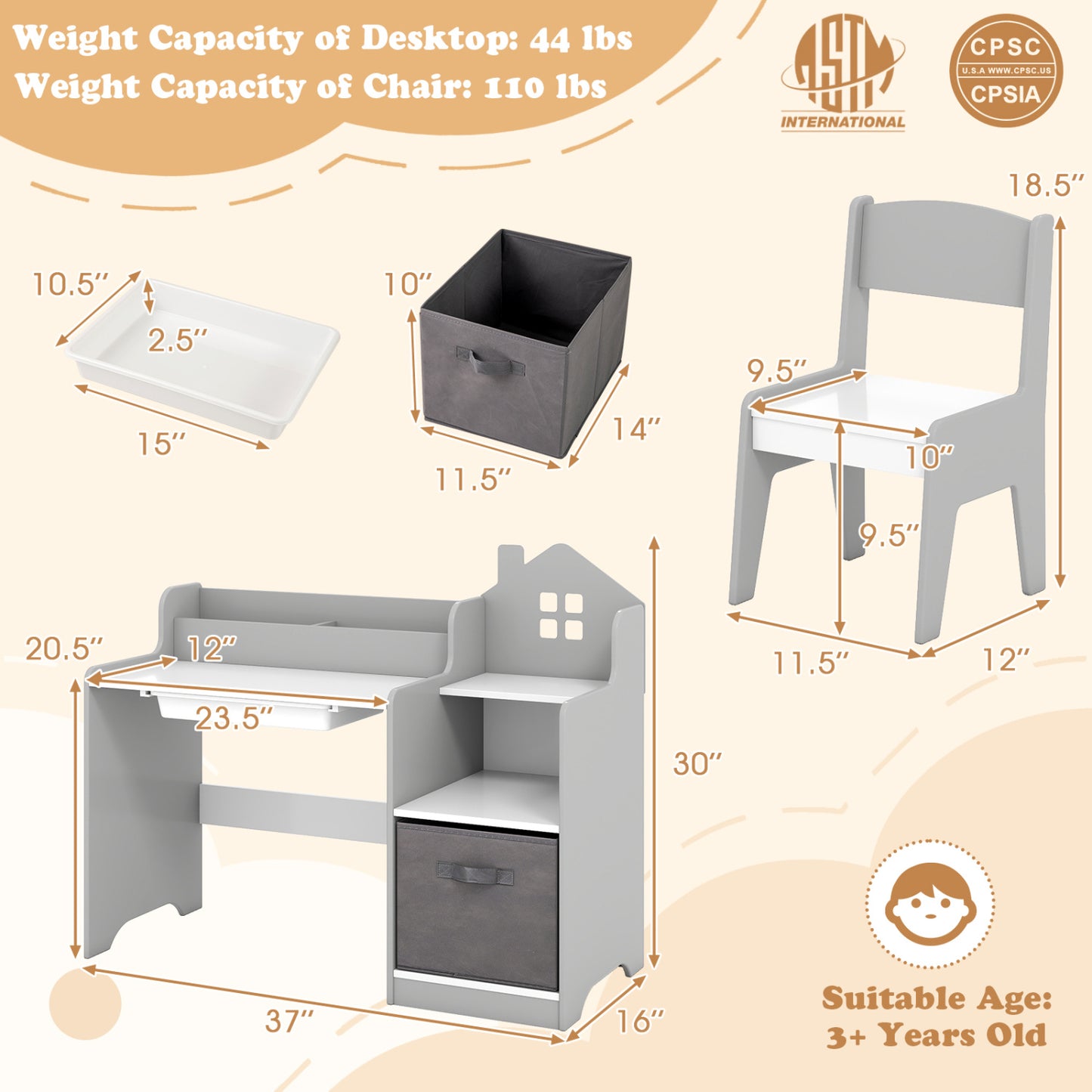 Kids Study Desk Chair Set With Open Shelves, Gray Kids Table & Chair Sets at Gallery Canada