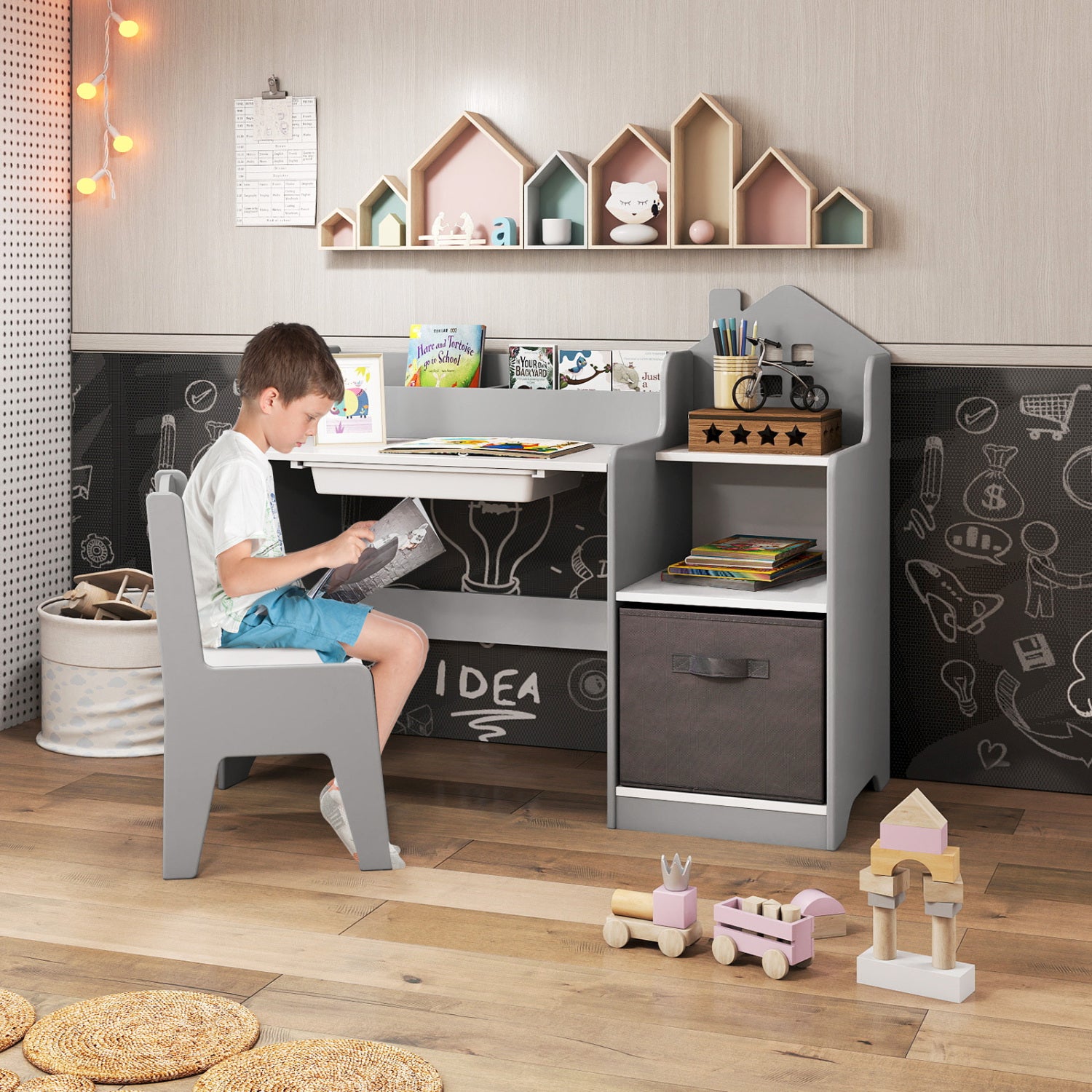 Kids Study Desk Chair Set With Open Shelves, Gray Kids Table & Chair Sets at Gallery Canada