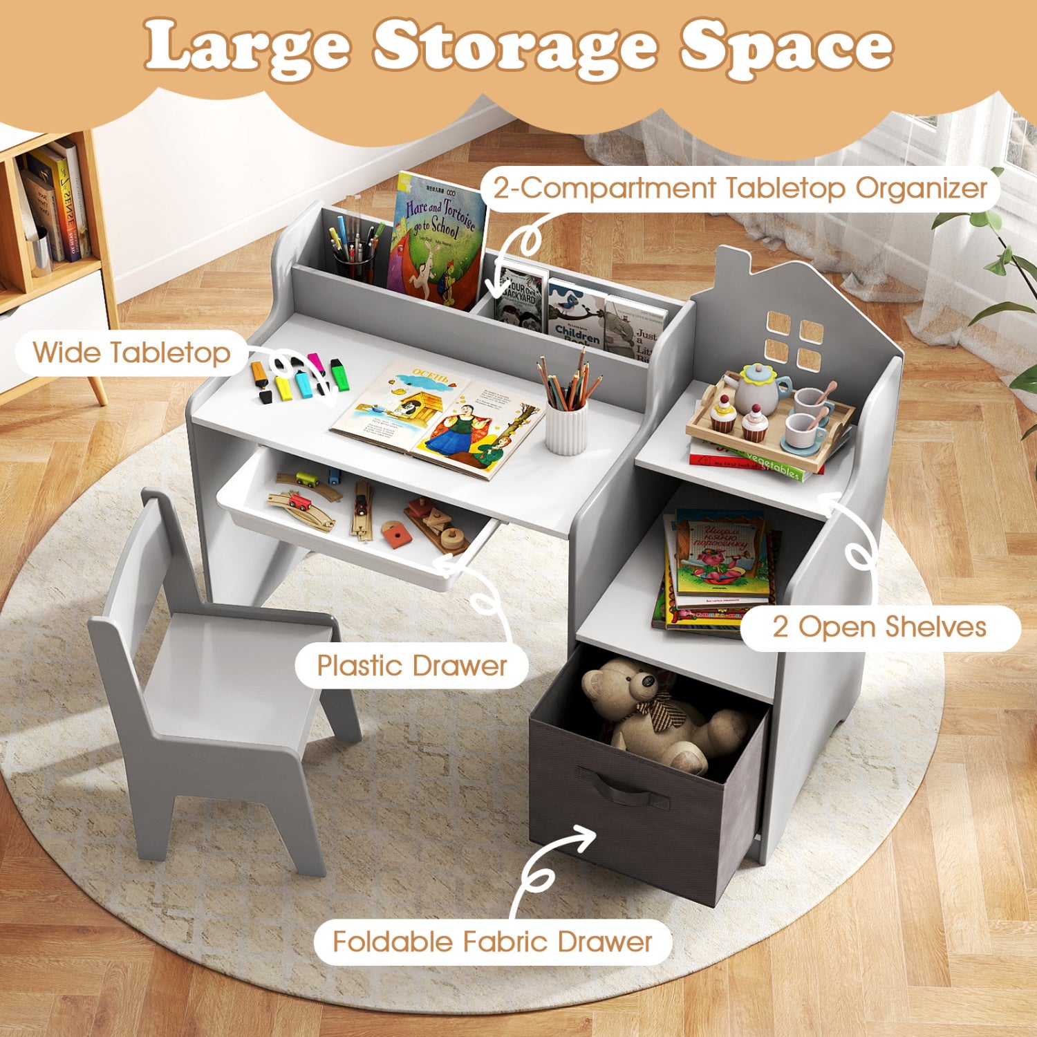 Kids Study Desk Chair Set With Open Shelves, Gray Kids Table & Chair Sets at Gallery Canada