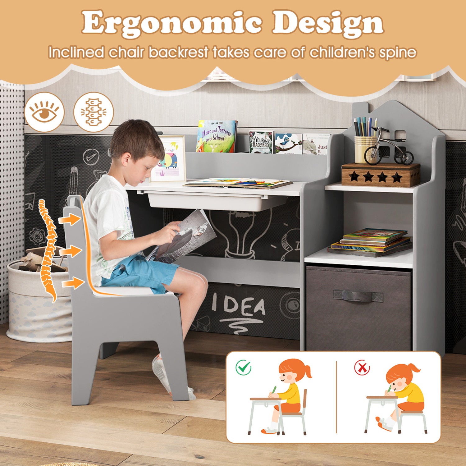Kids Study Desk Chair Set With Open Shelves, Gray Kids Table & Chair Sets at Gallery Canada