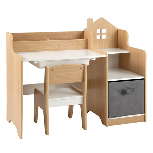 Kids Study Desk And Chair Set, Open Shelves Drawer, Fabric Storage Bin, Natural Kids Table & Chair Sets Natural at Gallery Canada