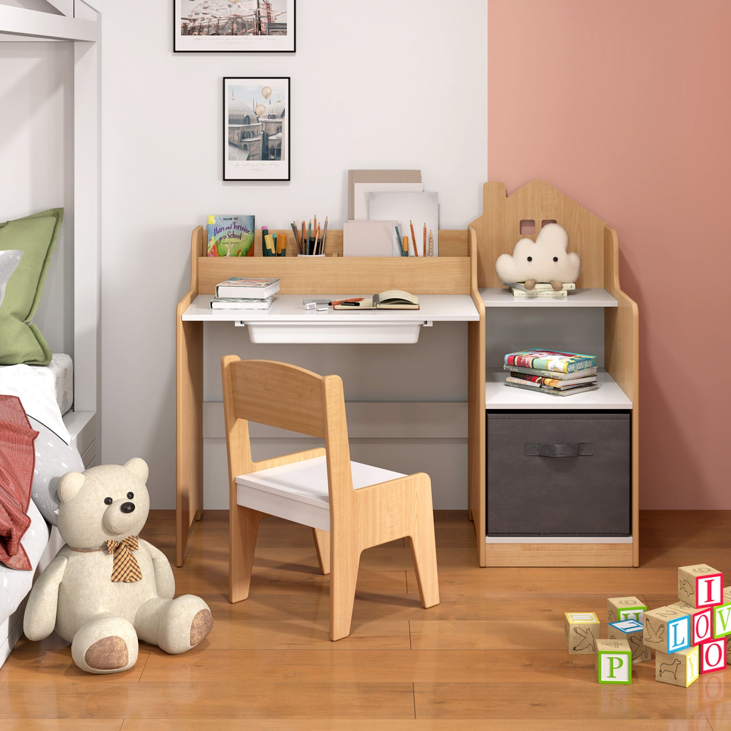 Kids Study Desk And Chair Set, Open Shelves Drawer, Fabric Storage Bin, Natural Kids Table & Chair Sets at Gallery Canada