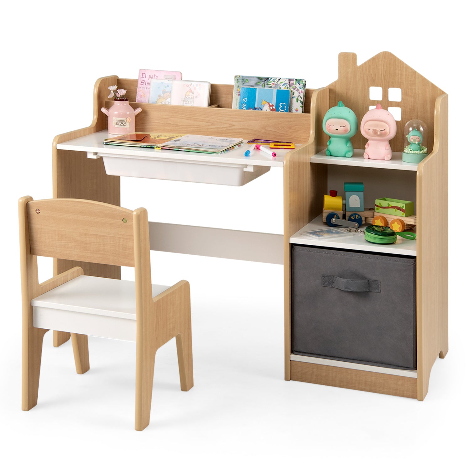 Kids Study Desk And Chair Set, Open Shelves Drawer, Fabric Storage Bin, Natural Kids Table & Chair Sets at Gallery Canada