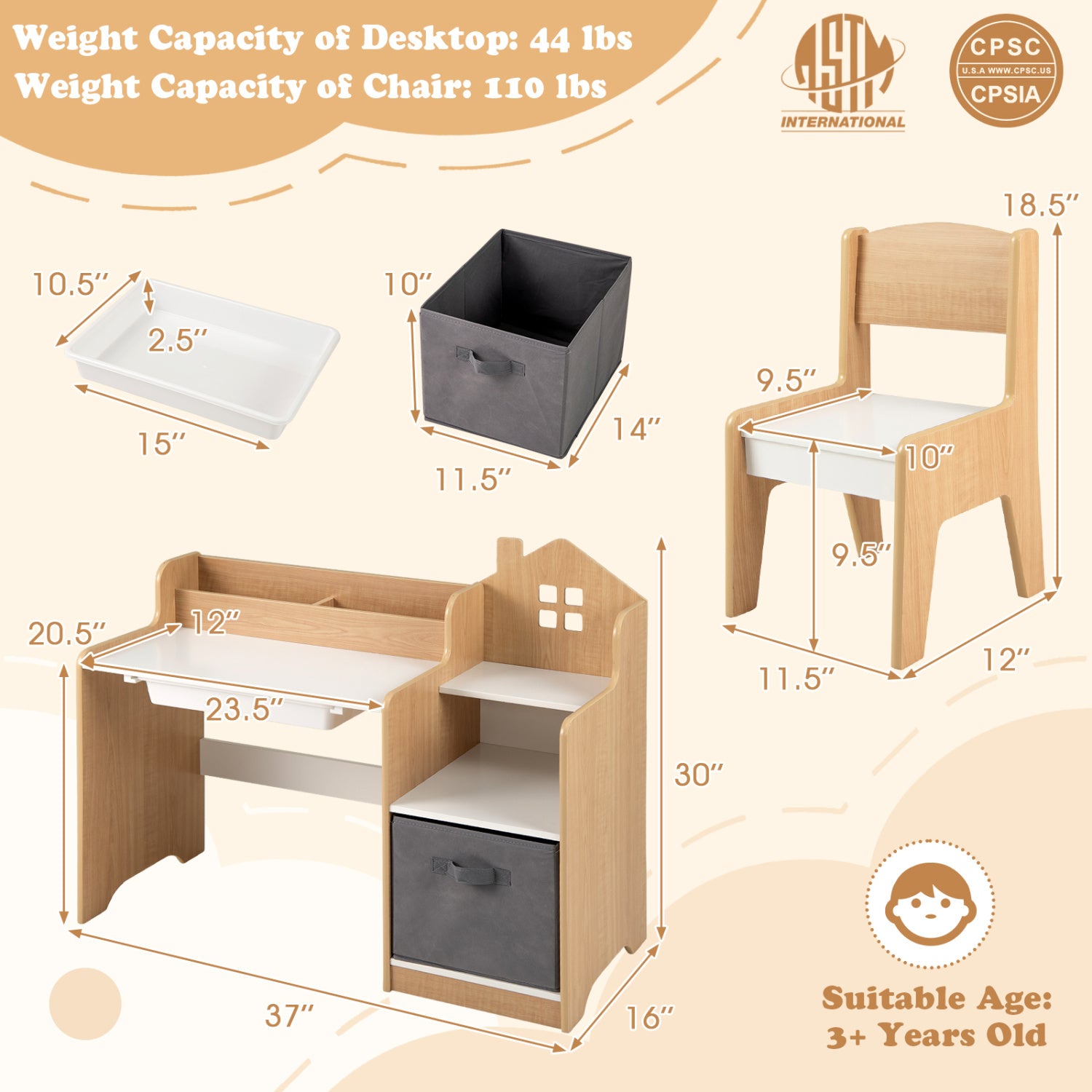 Kids Study Desk And Chair Set, Open Shelves Drawer, Fabric Storage Bin, Natural Kids Table & Chair Sets at Gallery Canada