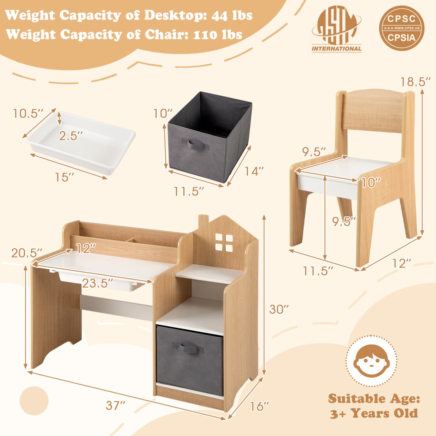 Kids Study Desk And Chair Set, Open Shelves Drawer, Fabric Storage Bin, Natural Kids Table & Chair Sets at Gallery Canada