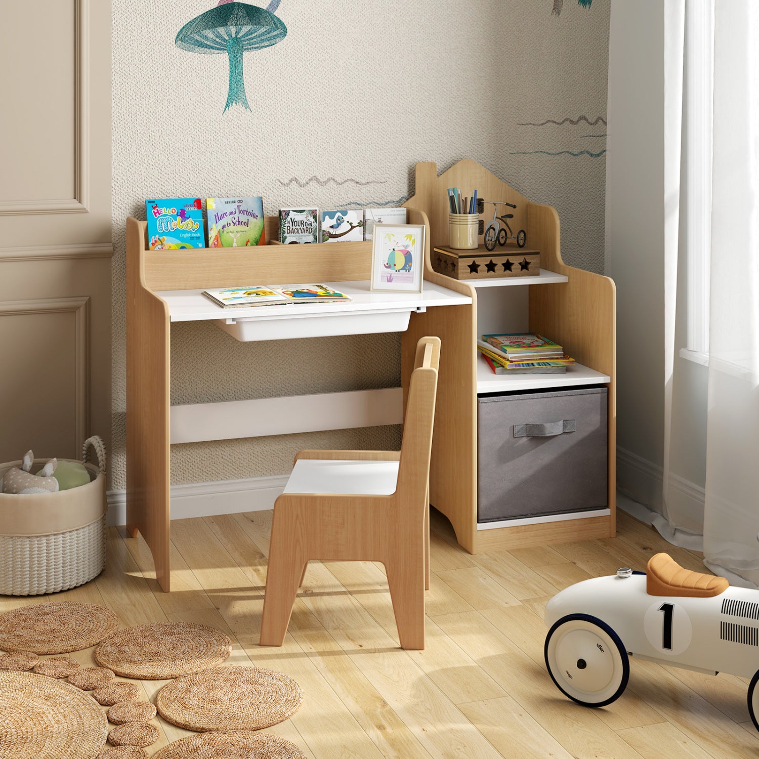 Kids Study Desk And Chair Set, Open Shelves Drawer, Fabric Storage Bin, Natural Kids Table & Chair Sets at Gallery Canada