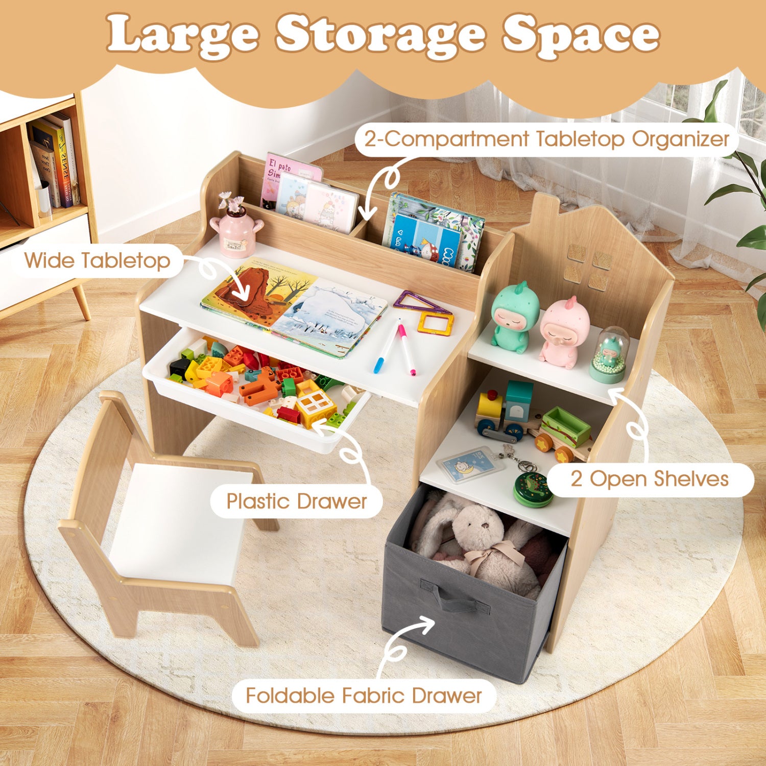 Kids Study Desk And Chair Set, Open Shelves Drawer, Fabric Storage Bin, Natural Kids Table & Chair Sets at Gallery Canada