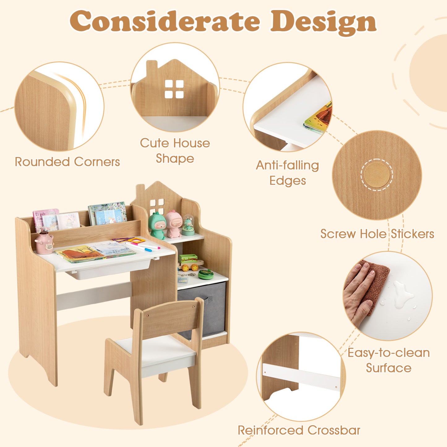 Kids Study Desk And Chair Set, Open Shelves Drawer, Fabric Storage Bin, Natural Kids Table & Chair Sets at Gallery Canada