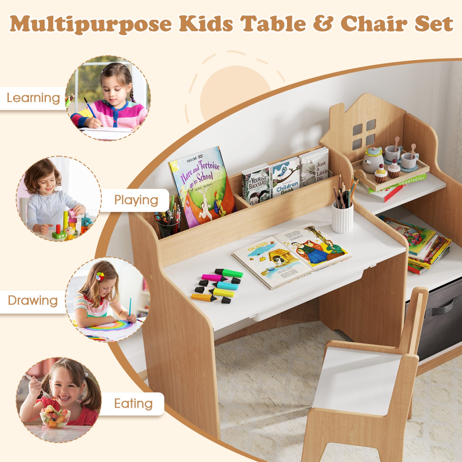 Kids Study Desk And Chair Set, Open Shelves Drawer, Fabric Storage Bin, Natural Kids Table & Chair Sets at Gallery Canada