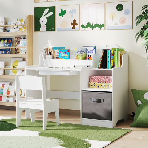 Kids Study Desk And Chair Set With Shelves Drawer Storage Bin, White