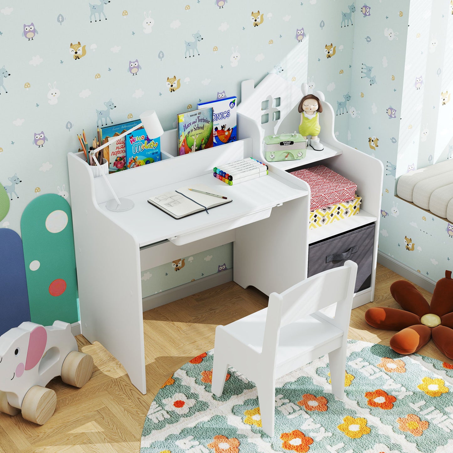 Kids Study Desk And Chair Set With Shelves Drawer Storage Bin, White Kids Table & Chair Sets at Gallery Canada