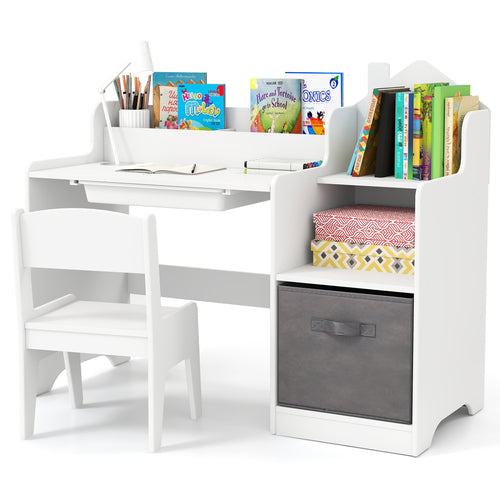 Kids Study Desk And Chair Set With Shelves Drawer Storage Bin, White