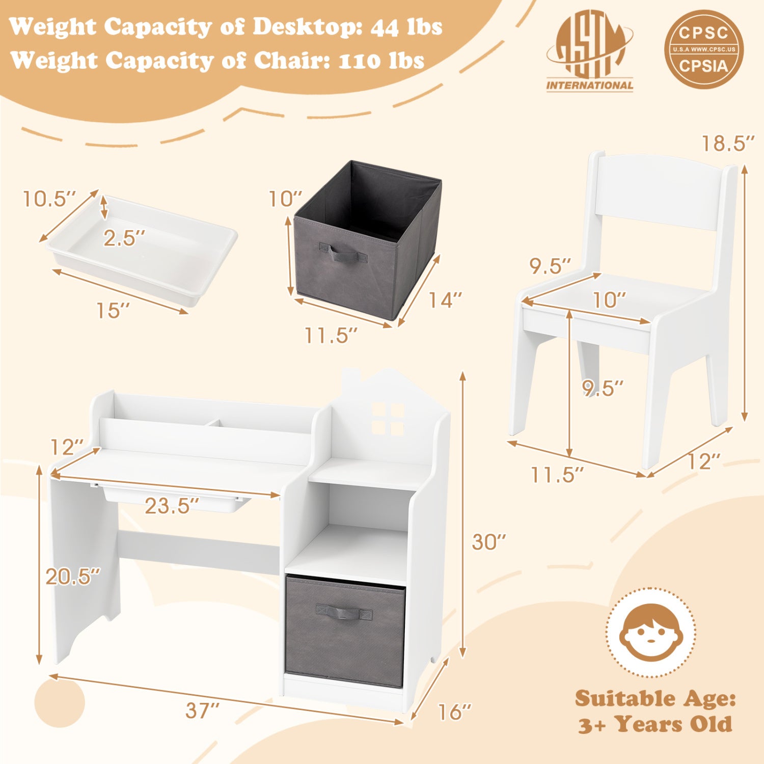 Kids Study Desk And Chair Set With Shelves Drawer Storage Bin, White Kids Table & Chair Sets at Gallery Canada