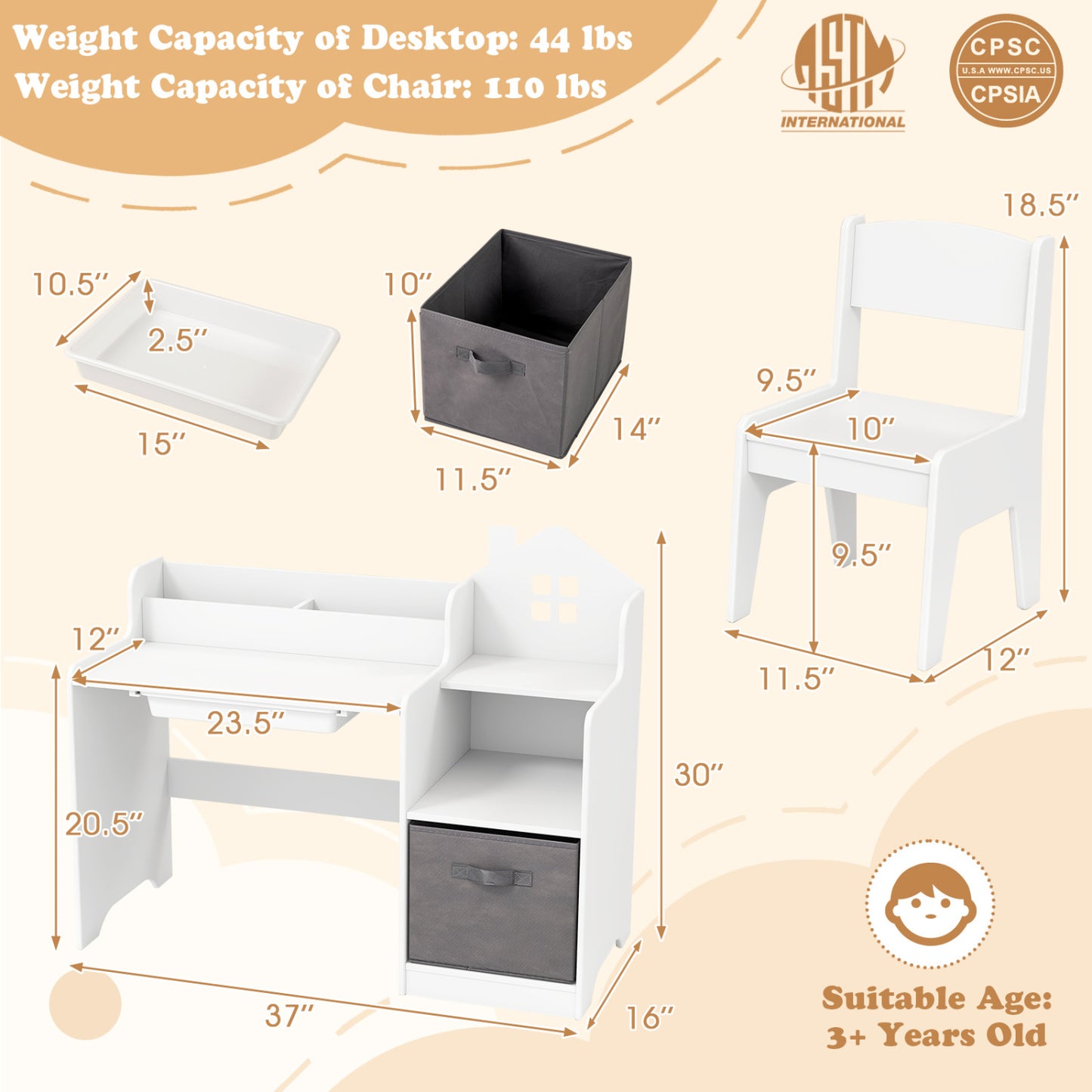 Kids Study Desk And Chair Set With Shelves Drawer Storage Bin, White Kids Table & Chair Sets at Gallery Canada