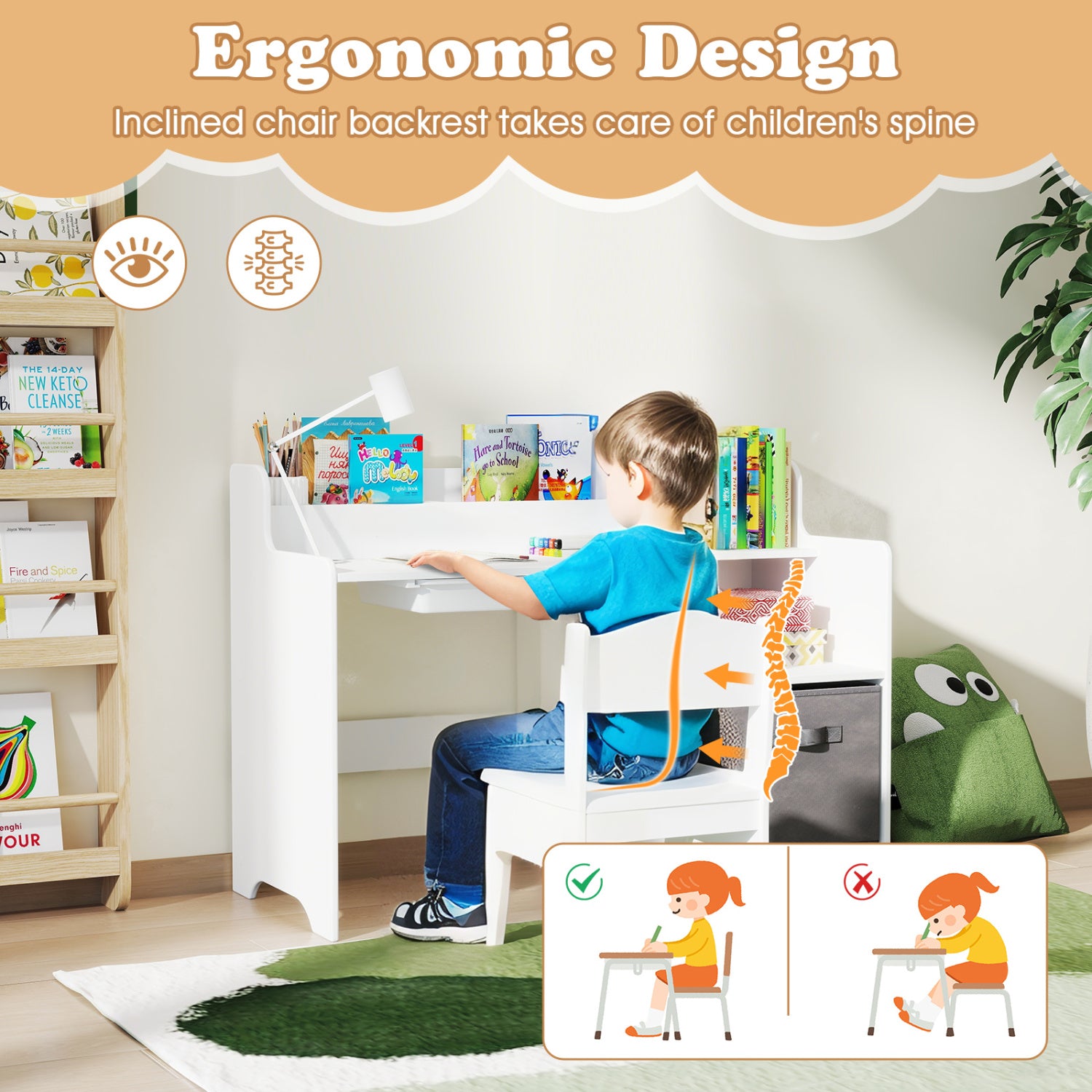Kids Study Desk And Chair Set With Shelves Drawer Storage Bin, White Kids Table & Chair Sets at Gallery Canada