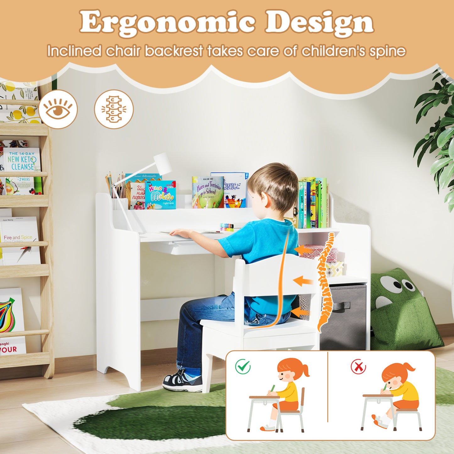 Kids Study Desk And Chair Set With Shelves Drawer Storage Bin, White Kids Table & Chair Sets at Gallery Canada